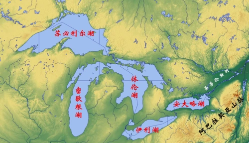 五大湖群位置示意图湖泊名称:苏必利尔湖(淡水湖)成因类型:冰川侵蚀湖