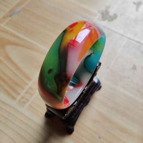 新疆和田彩玉手镯女款加宽加厚飘花七彩玉镯子戈壁多彩金丝玉手镯