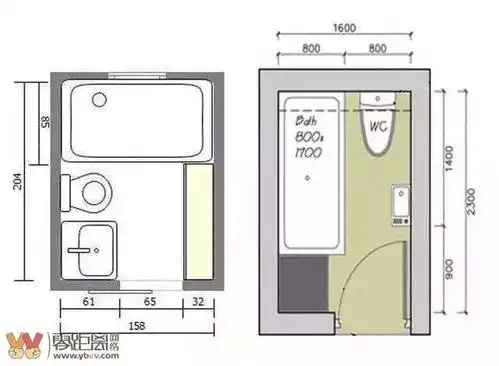 长方形的卫生间可以像下面这样布局,遵循了逐步深入的布置法.