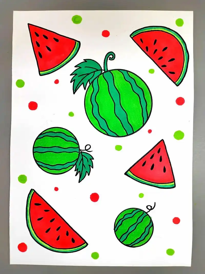 夏天主题画,一起来画甜甜的大西瓜,简单易学,幼儿园小朋友也能 - 抖音