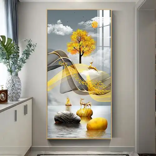 金鹿送福 进门玄关画竖版玄幻现代简约走廊装饰画大气过道晶瓷画