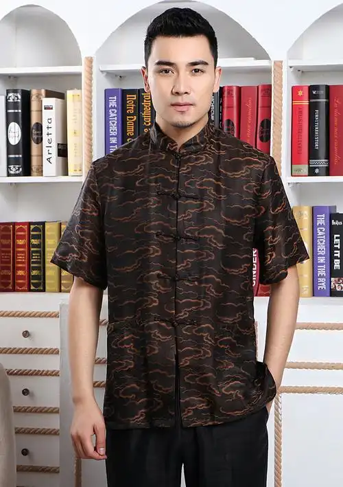 中式唐装男士香云纱短袖衬衫中国风男装盘扣真丝唐装上衣爸爸装