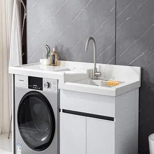 它墅定制洗衣机一体柜太空铝石英石台盆柜阳台滚筒洗衣柜组合带搓衣板