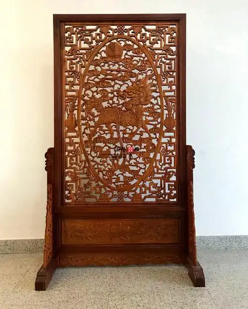 东阳木雕麒麟屏风中式实木仿古隔断双面镂空插屏