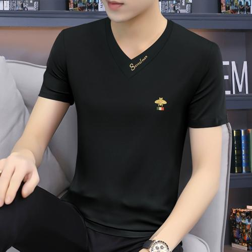 2023夏季新款潮牌短袖t恤男士重磅v领体装上衣服搭配帅气印花半截