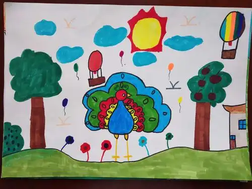 鄂托克旗蒙古族实验小学二年级2班绘画作品《漂亮的孔雀》