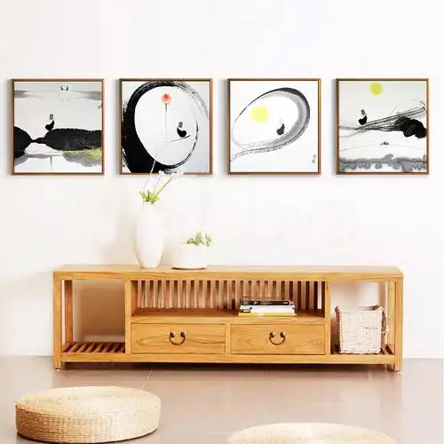 水墨客厅有框布艺画客厅禅意挂画现代沙发书房壁画简约三联_家装家饰