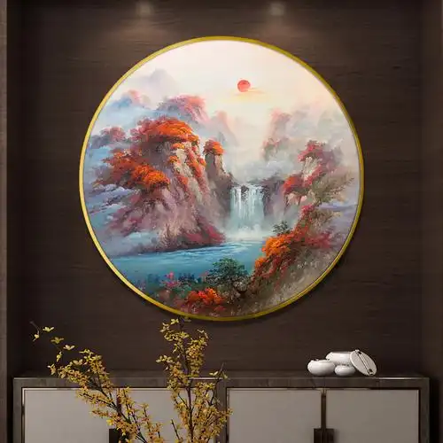 圆形装饰画玄关油画走廊壁画现代新中式客厅挂画油画