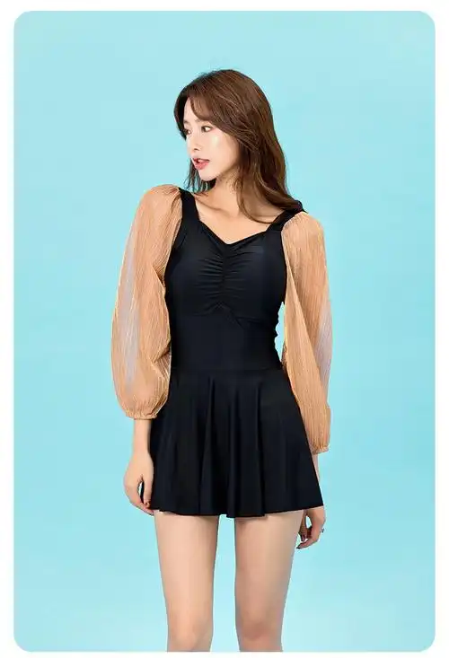 泳衣 歌袖迪芬(gexiudifen) 加大连体长袖游泳衣防晒裙式修身遮肚显瘦