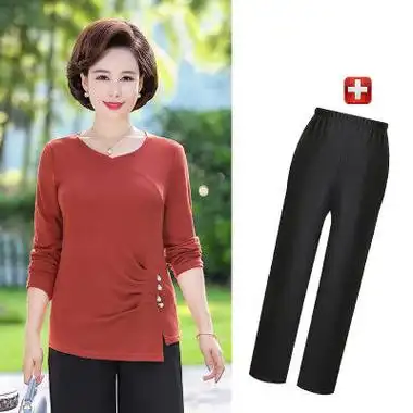 xk2188 中老年女秋装套装2019新款春秋休闲妈妈装打底衫两件套