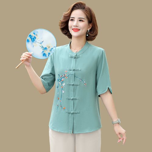 中年妈妈装棉麻衬衫夏季新款刺绣中袖开衫上衣时尚中老年女装衬衣