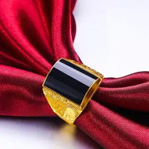 香港正品真金戒指男款墨石黑镶嵌金戒指开口可调节金指环新年礼