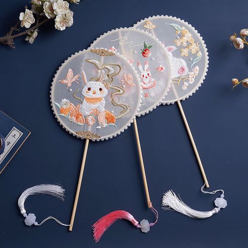 儿童古风扇子兔子儿童汉元素刺绣迷你扇子汉服手持物团扇舞蹈专用