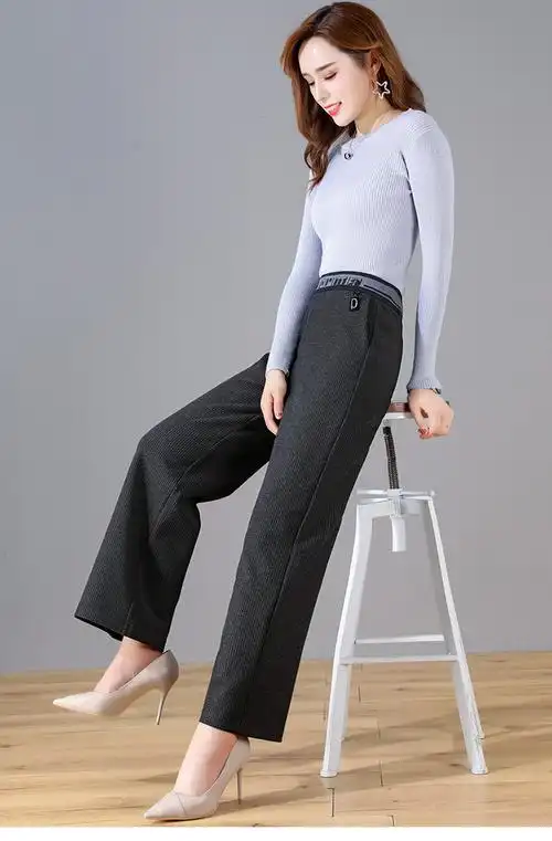 称美2019秋季新款中老年女裤大直筒条绒长裤大码妈妈高腰垂感阔腿裤