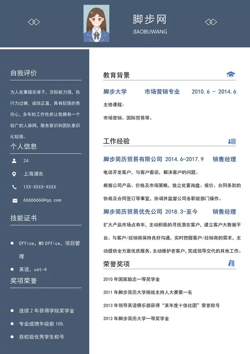 市场销售类工作销售经理深蓝色求职简历模板