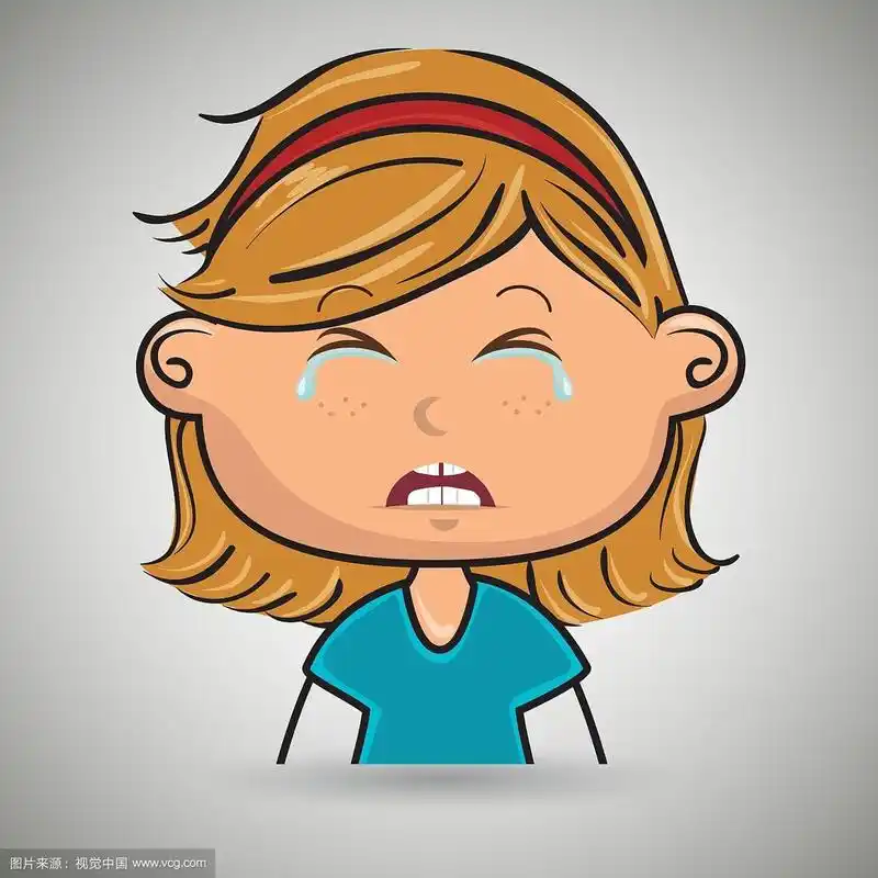 白色背景上哭泣的卡通小女孩