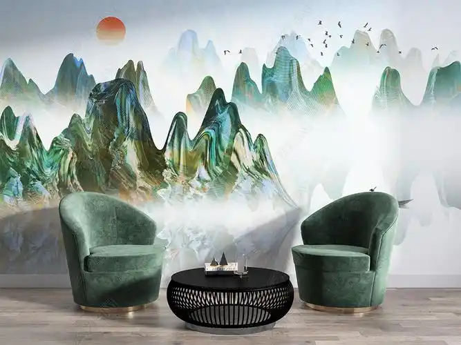 新中式彩色水墨山水山峰风景壁画背景墙样机