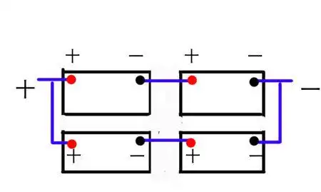 我有4个12v的电瓶,现在要接成24v输出,该怎样接法?