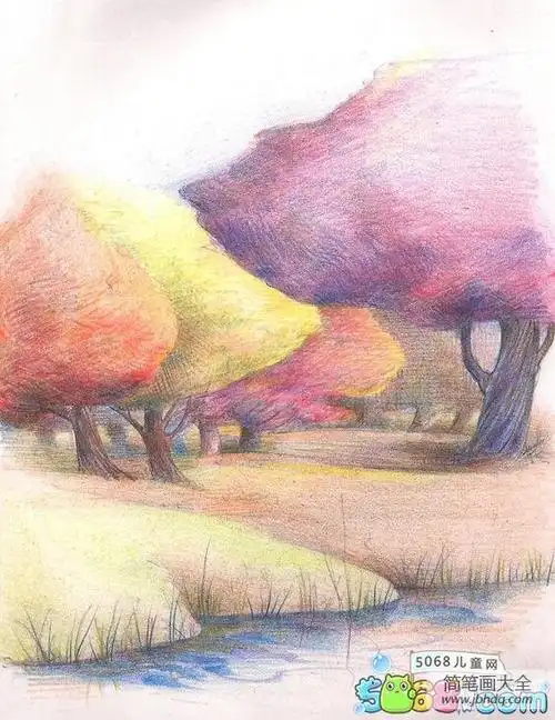 五颜六色的大树彩铅秋天风景画作品_秋天儿童画-画画图片大全