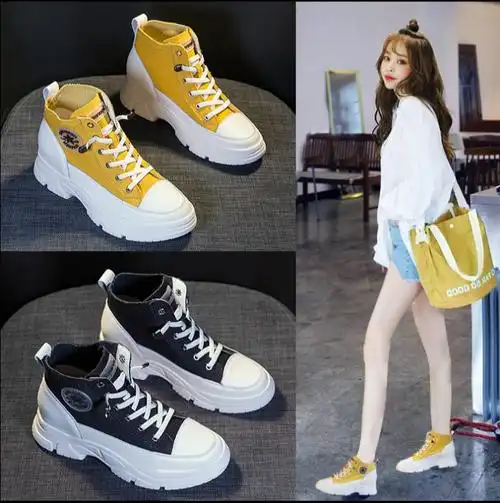 明星同款内增高帆布鞋厚底2019秋冬韩版百搭网红高帮板鞋真皮女鞋