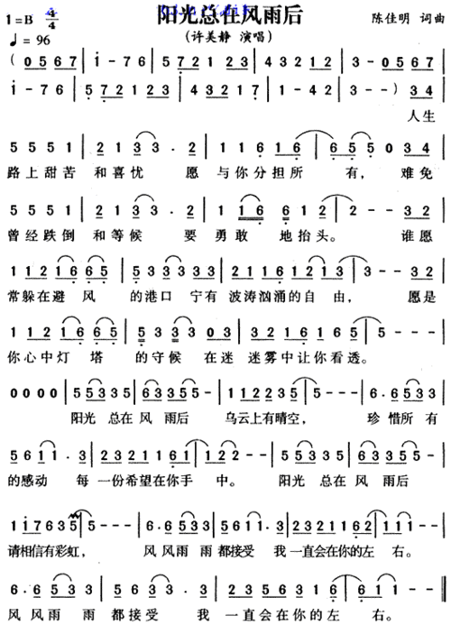 《阳光总在风雨后》歌曲简谱