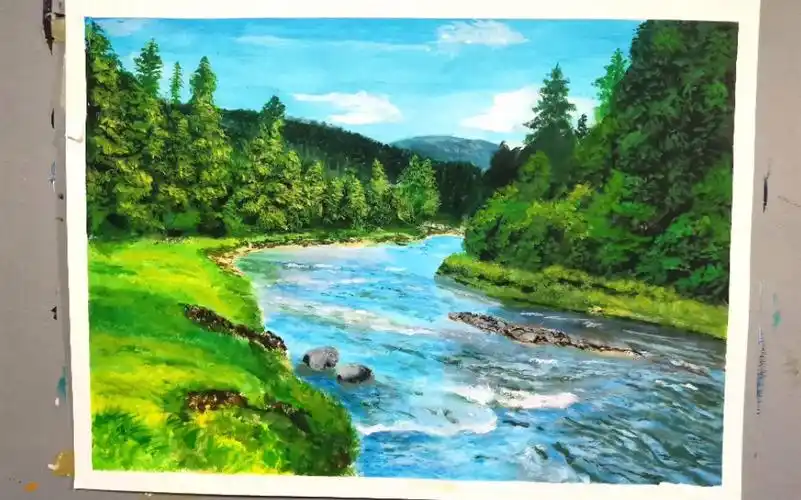 丙烯画丙烯风景画过程如何画树木河流喜欢的话可以关注我哦