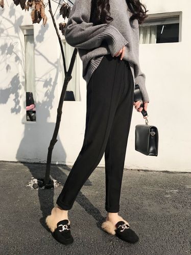 加长版秋季新款高腰毛呢哈伦裤萝卜裤女休闲长裤网红奶奶裤松紧腰