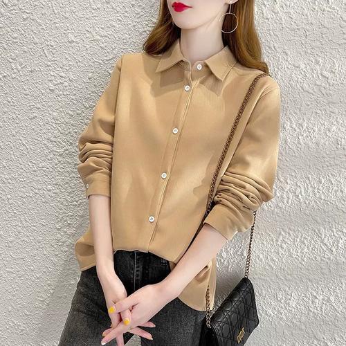 阿玛施纯色加厚保暖衬衣女2023秋冬韩版宽松文艺加绒打底洋气衬衫