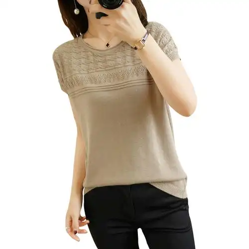 100纯棉棉线半袖针织衫圆领棉麻复古提花短袖毛针织衫