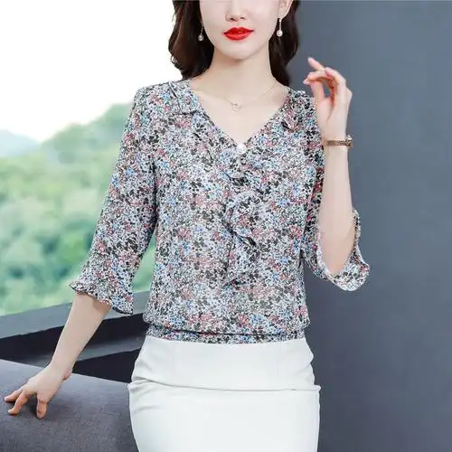 碎花雪纺衫女七分袖新款宽松上衣2022春夏装遮肚衬衫高档洋气小衫