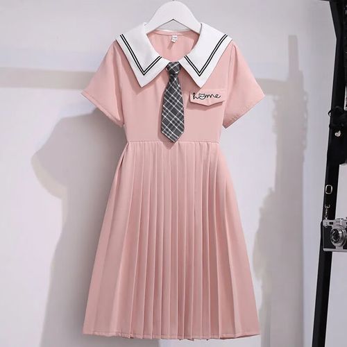 风短袖连衣裙夏装新款水手服海军领网红洋气公主裙中大童 粉色 110cm