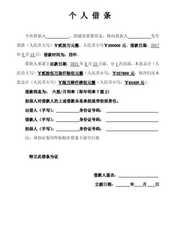 个人借条 今有借款人,因建房需要资金,特向借款人先生借款(人民币大写