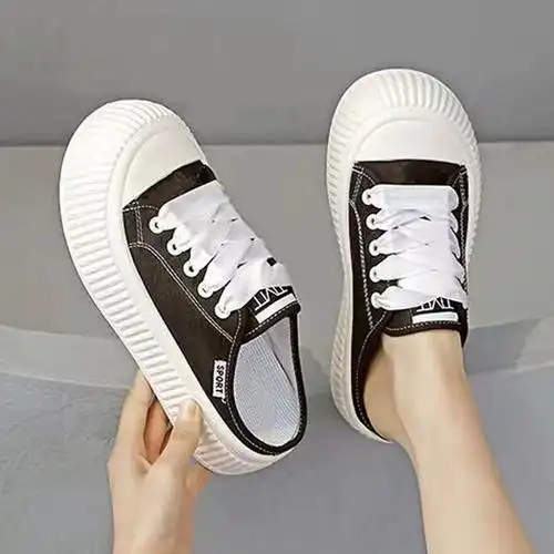 包头半拖帆布鞋女2024年新款夏季薄款懒人一脚蹬板鞋脚踩鞋小白鞋