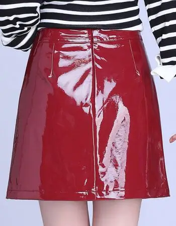 亮面漆皮裙女秋装2018新款高腰不规则a字包臀短裙亮皮漆皮半身裙 红色