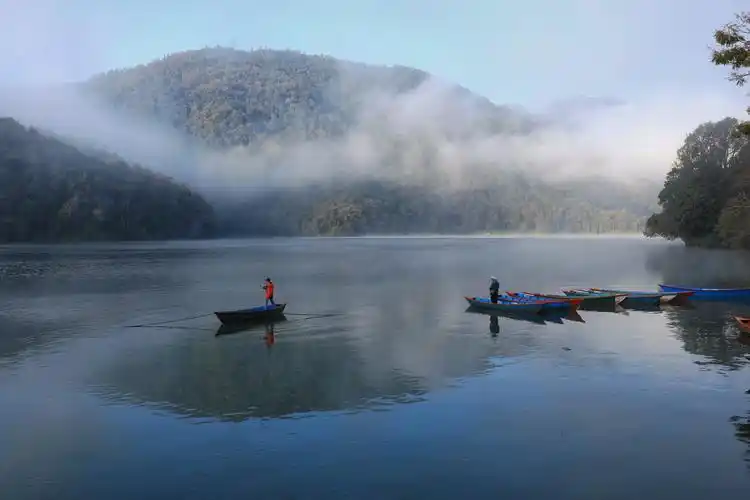 清晨山谷常常飘起云雾,徜徉在初醒的湖面,朦胧迷离.