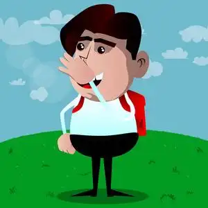 抓鼻子小学生因为气味不好而抓着鼻子.矢量卡通人物插画照片