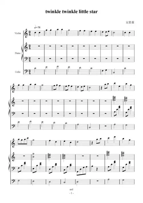 小星星钢琴谱小星星小提琴三声部版钢琴谱