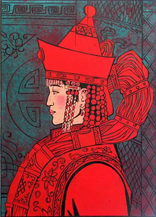 蒙古族少女们戴什么?佟金峰版画作品