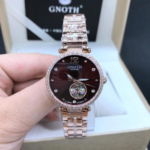 专柜正品格诺gnoth手表女玫瑰金镶钻机械表时尚镂空透底防水