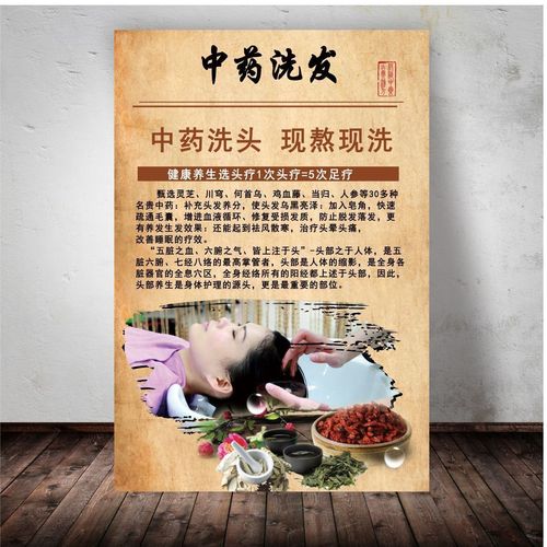中药洗头海报头疗图片宣传画洗发图养发洗头馆装饰画茶麸洗头广告