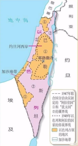 1947年,按照联合国决议,巴以双方的国土区域是这样的——站在巴勒斯坦