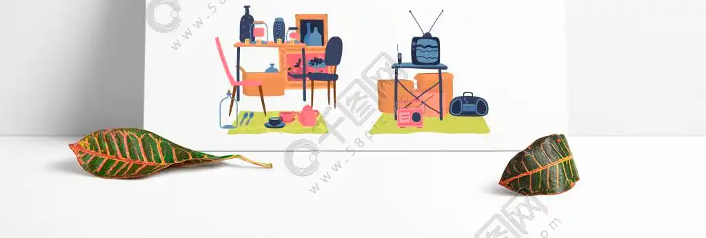 跳蚤市场销售营销色彩缤纷的时髦衣服和配件二手东西和家具商店矢量