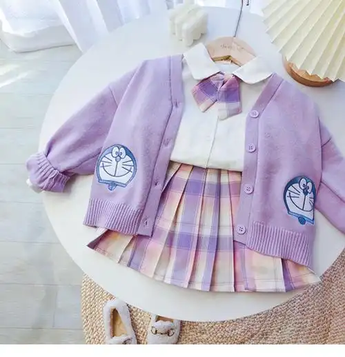 女童日系jk制服21年春儿童女孩多啦叮当猫猫针织学院风