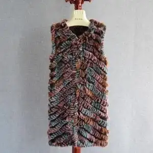 2022款外贸兔毛编织马甲 纯手工编织七彩兔毛坎肩 中长款皮草背心