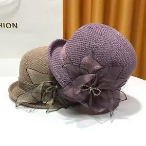 洋气成人帽子户外沙滩女帽花朵卷边盆帽巴拿马羽毛爵士帽成人男女士