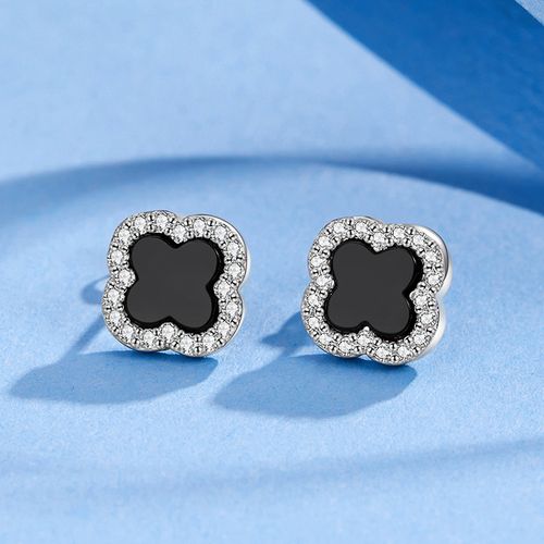 梦祥银s925耳钉四叶草幸运镶嵌玛瑙耳饰一对玫瑰耳钉