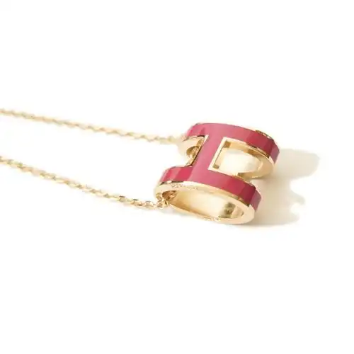 hermes/爱马仕 pop h女士粉红色时尚字母h椭圆吊坠 金色项链