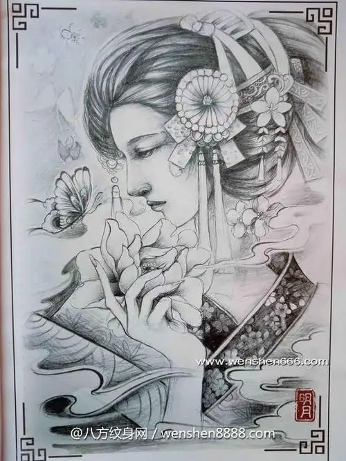 乌苏外卖小哥的男生满背艺妓纹身手稿图案图片参照