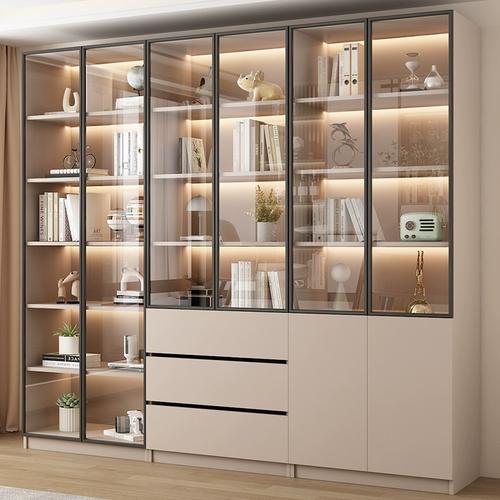 实木书柜家用带玻璃门客厅一体整墙现代储物柜轻奢书架展示柜定制