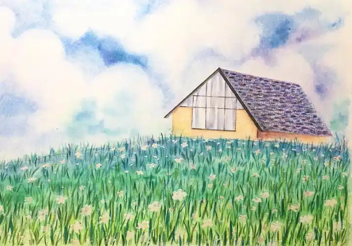 如何用彩铅快速画风景,花田小屋